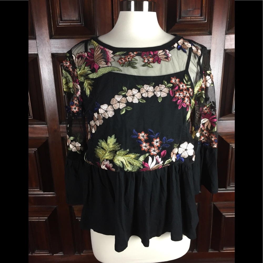 Anthropology Eri & Ali Black Sheer Embroider Top